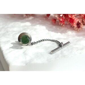 Faux Spotted Jade Stone Silver Toned Vintage Men's Tie Tack